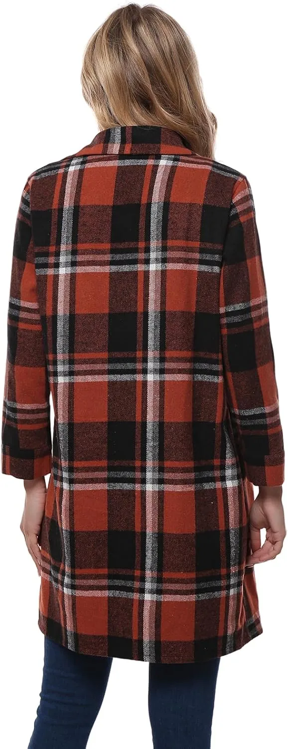 Women's Flannel Plaid Shacket Jacket Long Sleeve Button Down Shirts With Belt Tartan Trench Casual Coats Winter