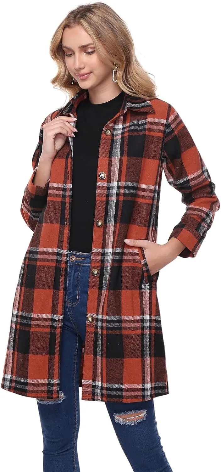 Women's Flannel Plaid Shacket Jacket Long Sleeve Button Down Shirts With Belt Tartan Trench Casual Coats Winter