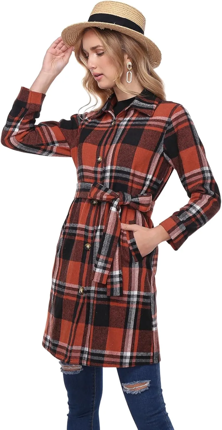Women's Flannel Plaid Shacket Jacket Long Sleeve Button Down Shirts With Belt Tartan Trench Casual Coats Winter