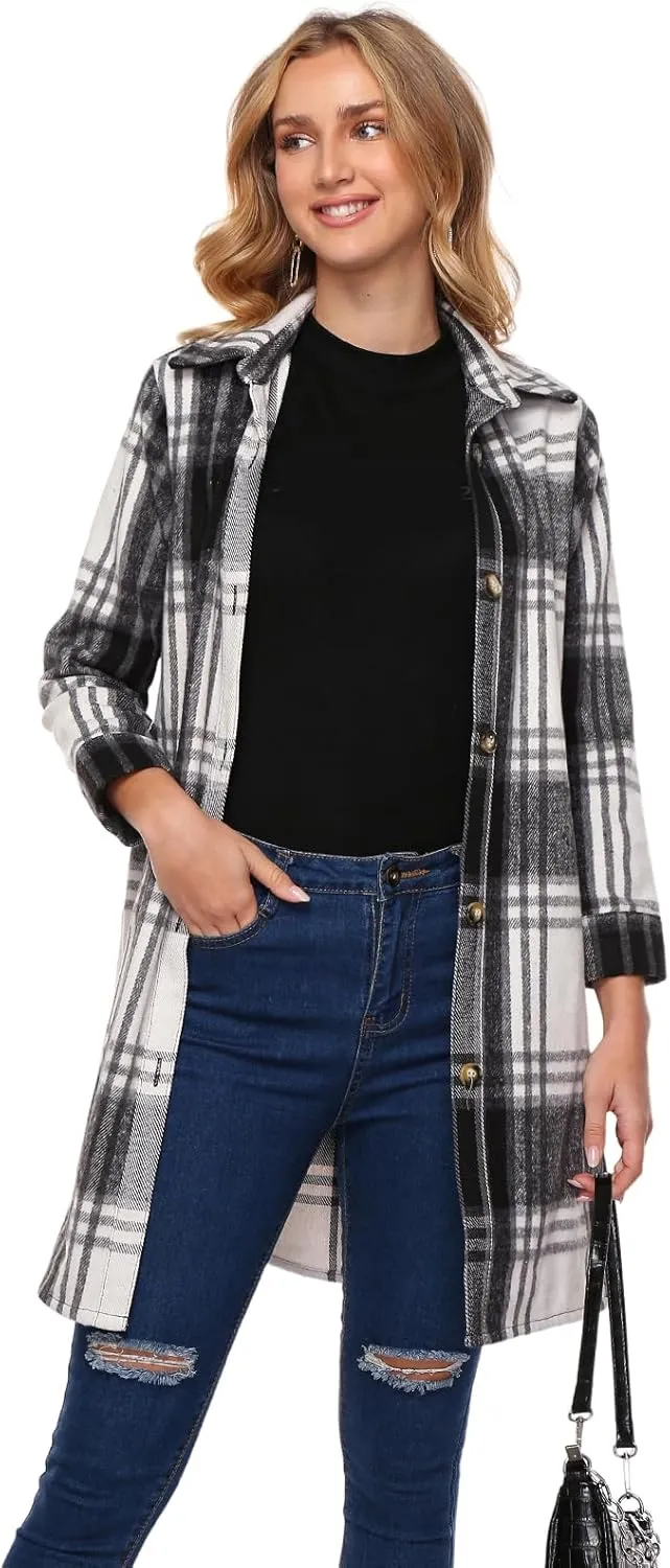 Women's Flannel Plaid Shacket Jacket Long Sleeve Button Down Shirts With Belt Tartan Trench Casual Coats Winter