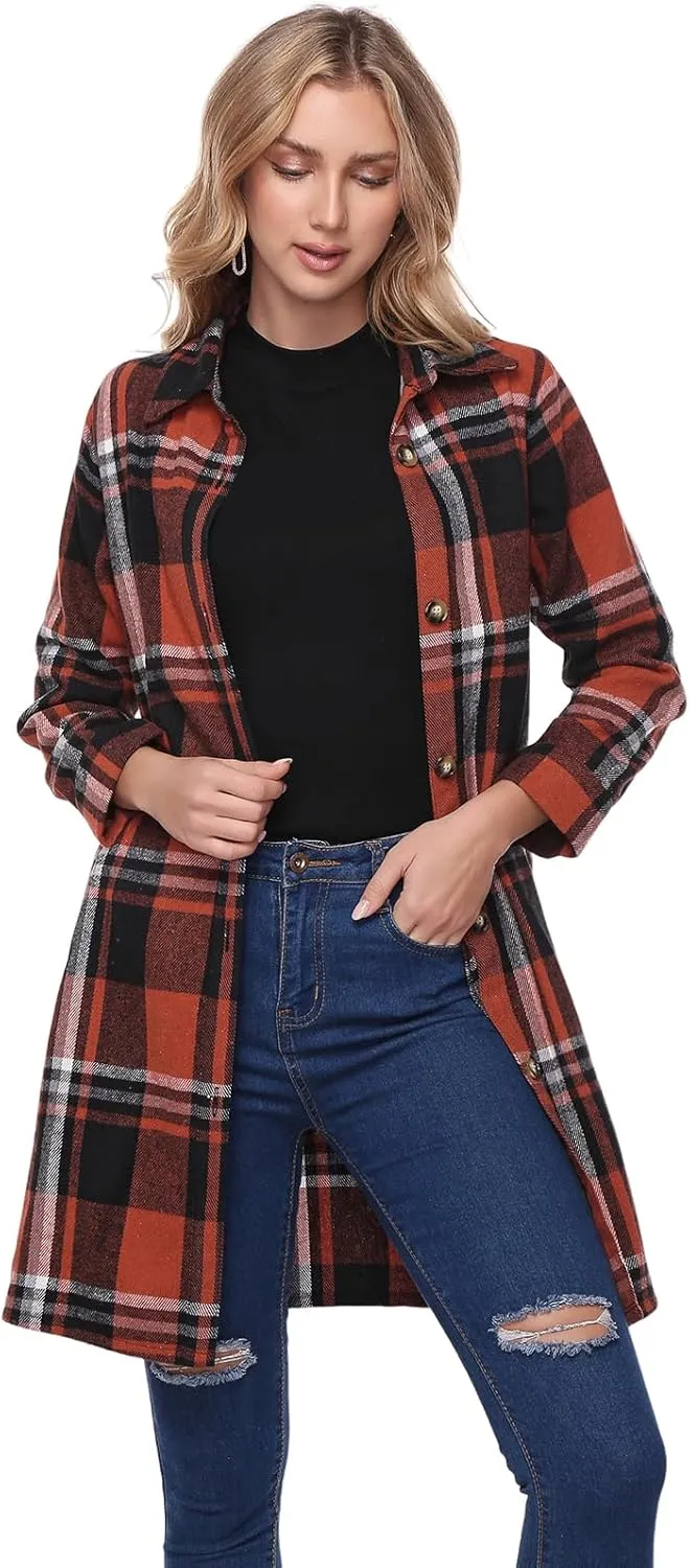 Women's Flannel Plaid Shacket Jacket Long Sleeve Button Down Shirts With Belt Tartan Trench Casual Coats Winter