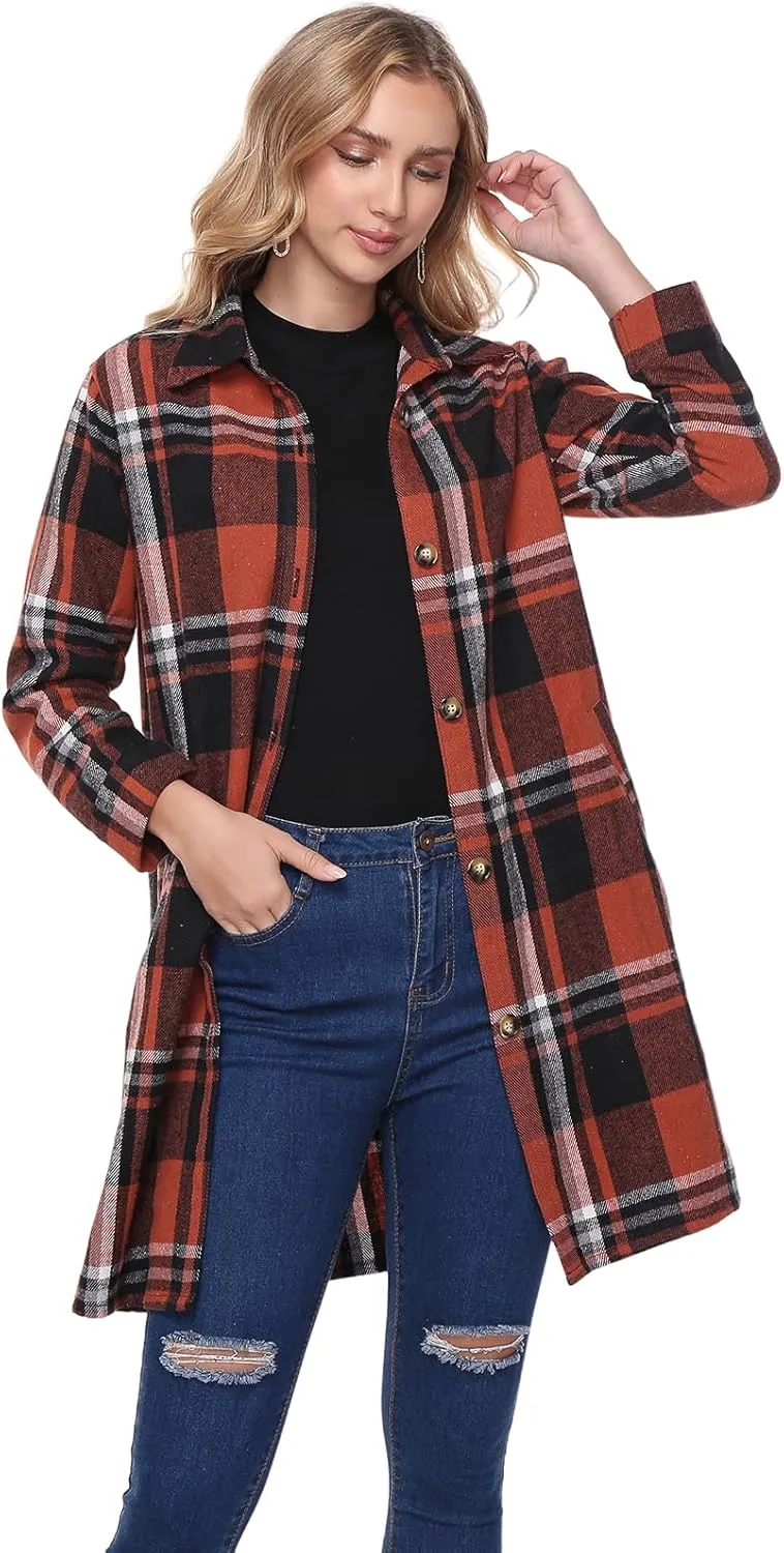 Women's Flannel Plaid Shacket Jacket Long Sleeve Button Down Shirts With Belt Tartan Trench Casual Coats Winter