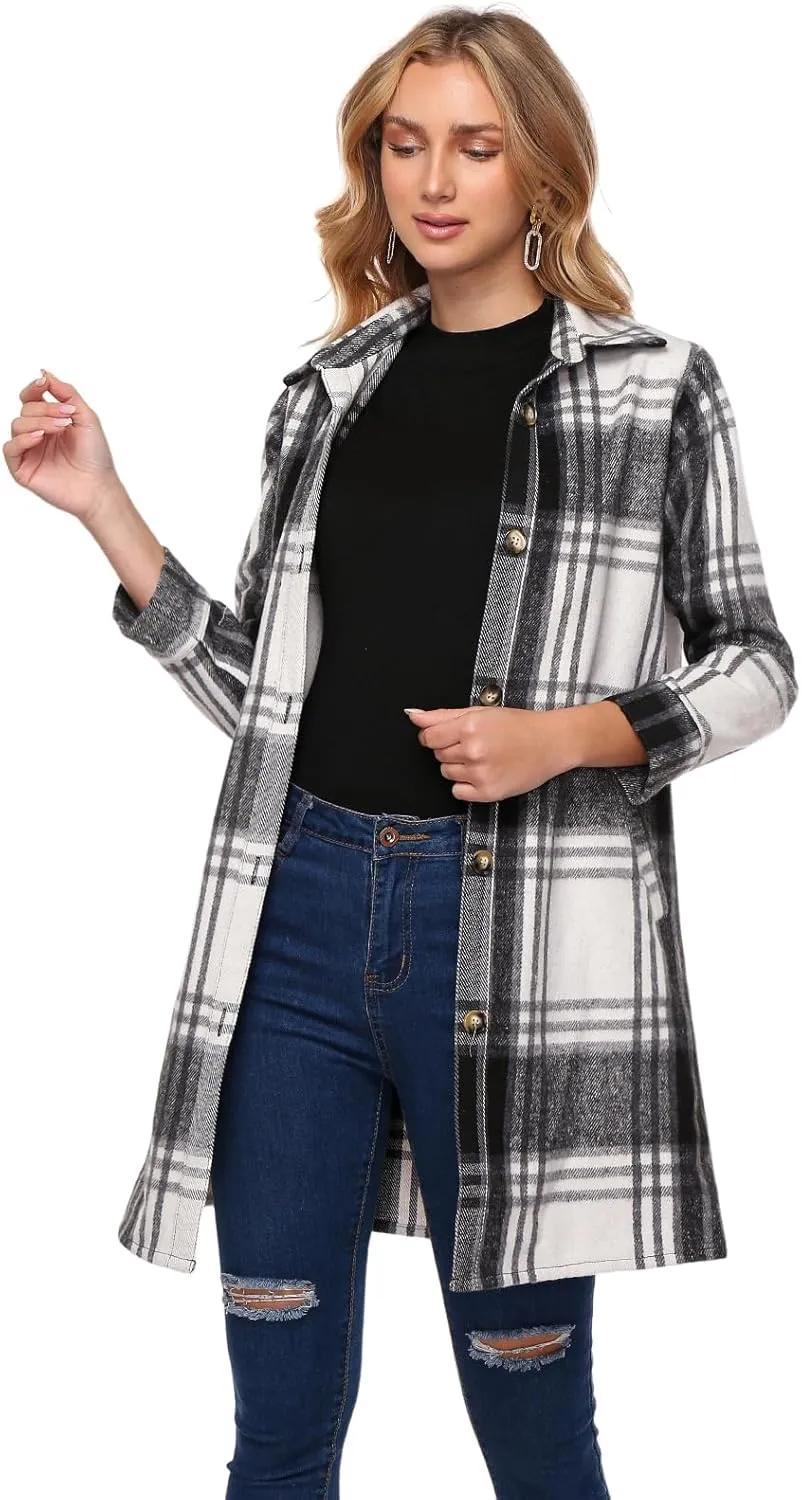 Women's Flannel Plaid Shacket Jacket Long Sleeve Button Down Shirts With Belt Tartan Trench Casual Coats Winter