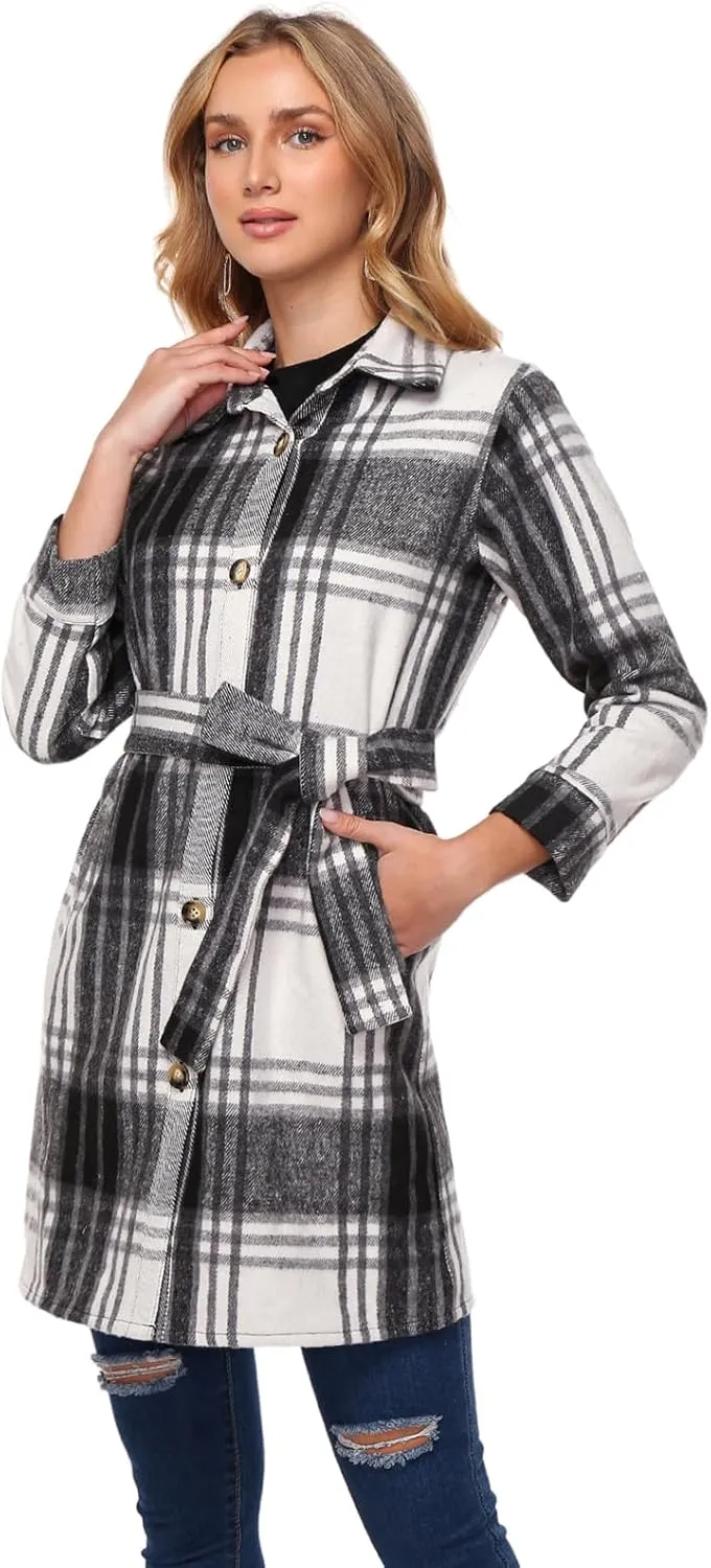 Women's Flannel Plaid Shacket Jacket Long Sleeve Button Down Shirts With Belt Tartan Trench Casual Coats Winter