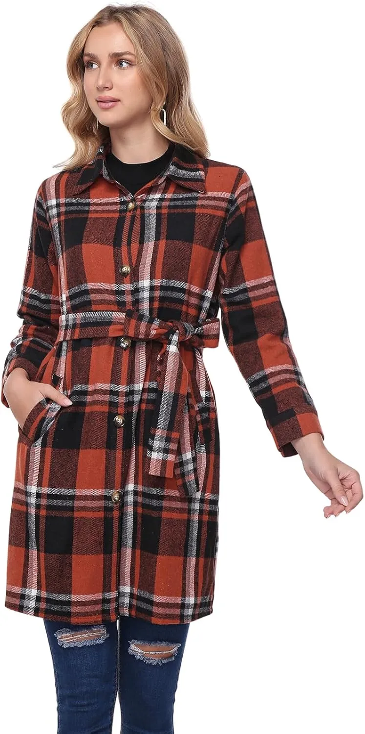 Women's Flannel Plaid Shacket Jacket Long Sleeve Button Down Shirts With Belt Tartan Trench Casual Coats Winter