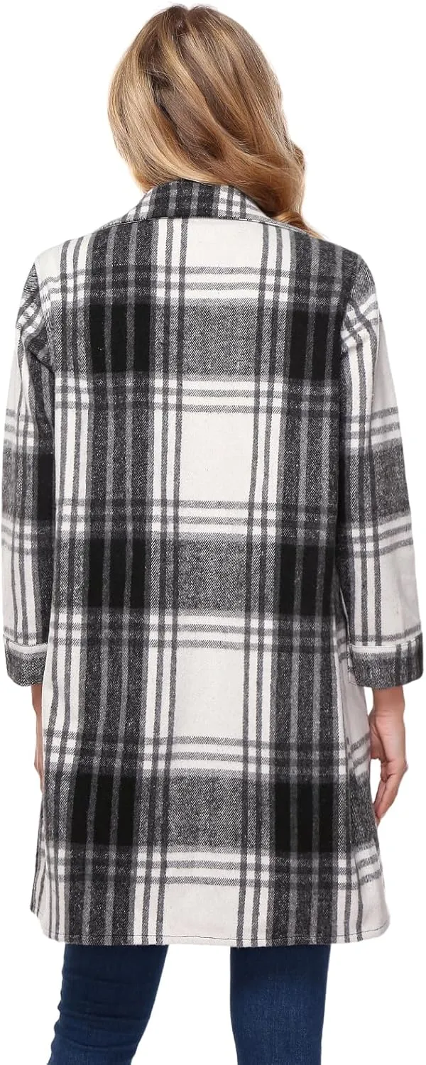 Women's Flannel Plaid Shacket Jacket Long Sleeve Button Down Shirts With Belt Tartan Trench Casual Coats Winter