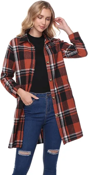Women's Flannel Plaid Shacket Jacket Long Sleeve Button Down Shirts With Belt Tartan Trench Casual Coats Winter