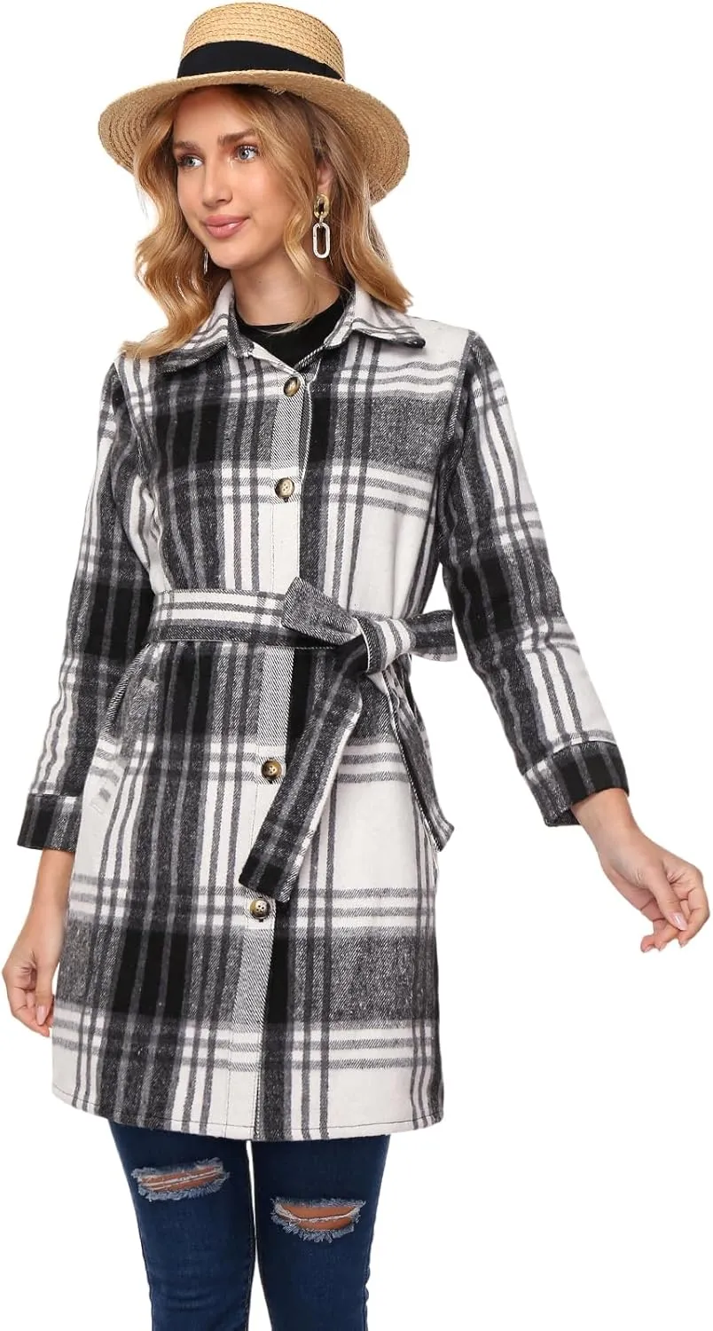 Women's Flannel Plaid Shacket Jacket Long Sleeve Button Down Shirts With Belt Tartan Trench Casual Coats Winter