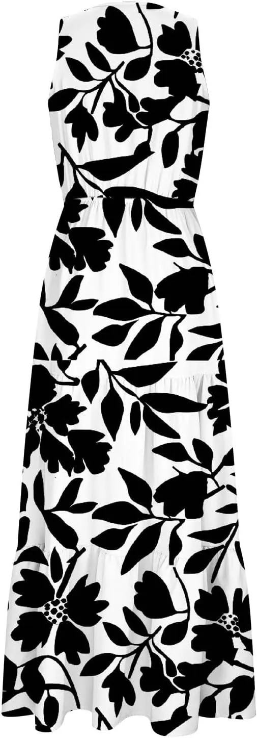 Women'S Flowy Floral Dresses Boho Summer V Neck Sleeveless Tiered Long Maxi Sundreess Beach Vacation Outfits 2024