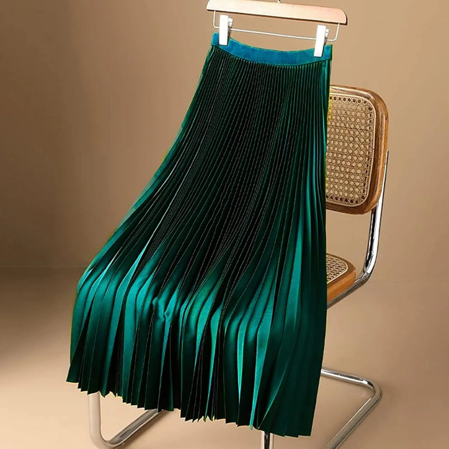 Women's Plain Satin Pleated Skirt Fashion Elastic Waist Elegant Long Skirt Summer Trendy Going Out Dress