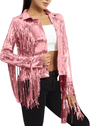 Women's Sequin Jacket Sparkly Fringe Flutter Sequin Top Jacket Shimmer Long Sleeve Hoodless Sparkly Denim Coat 2025