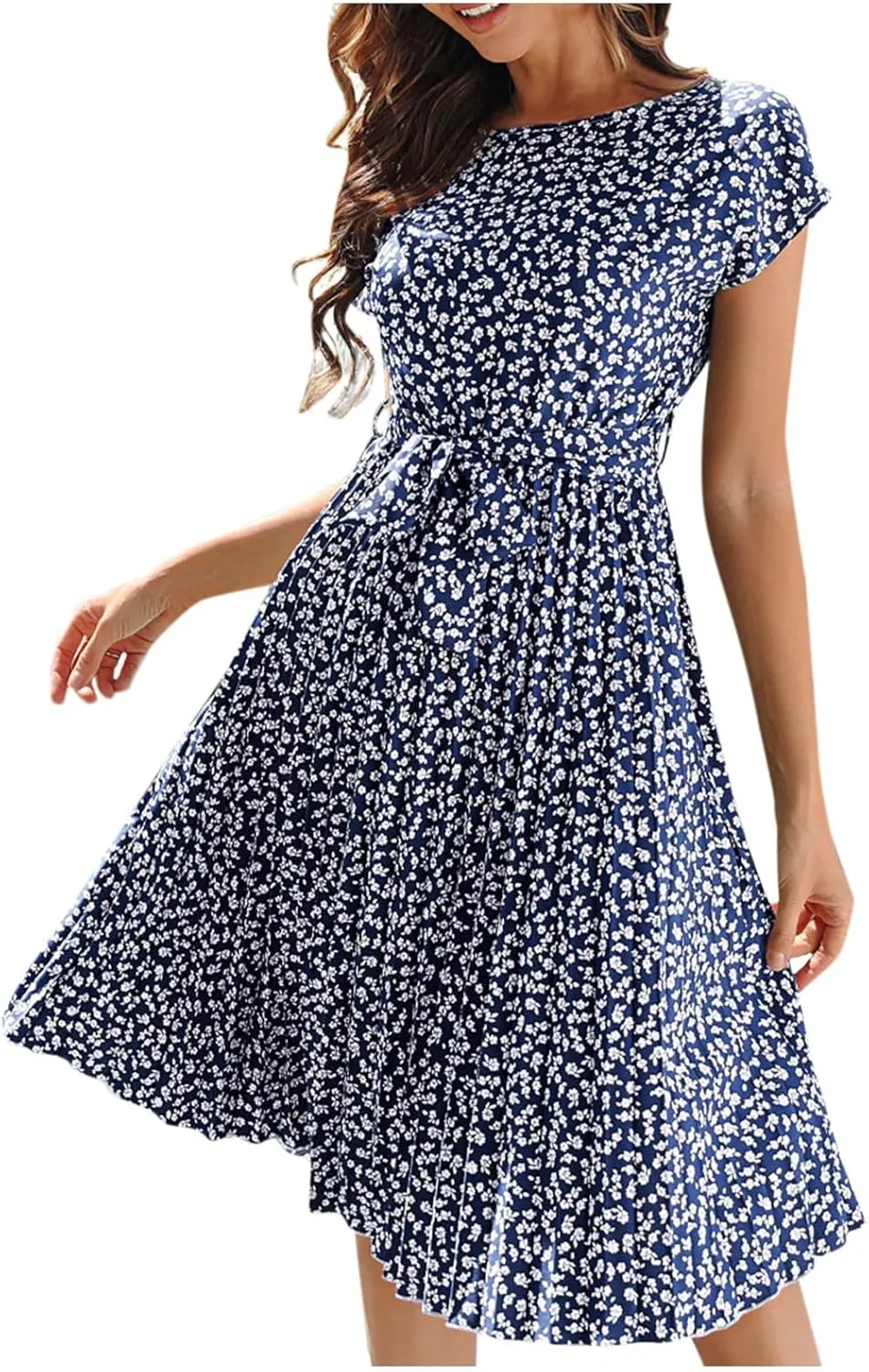 Womens Short Sleeve Midi Dresses Spring Casual Crew Neck Belted Pleated A Line Flowy Wedding Guest Party Dress
