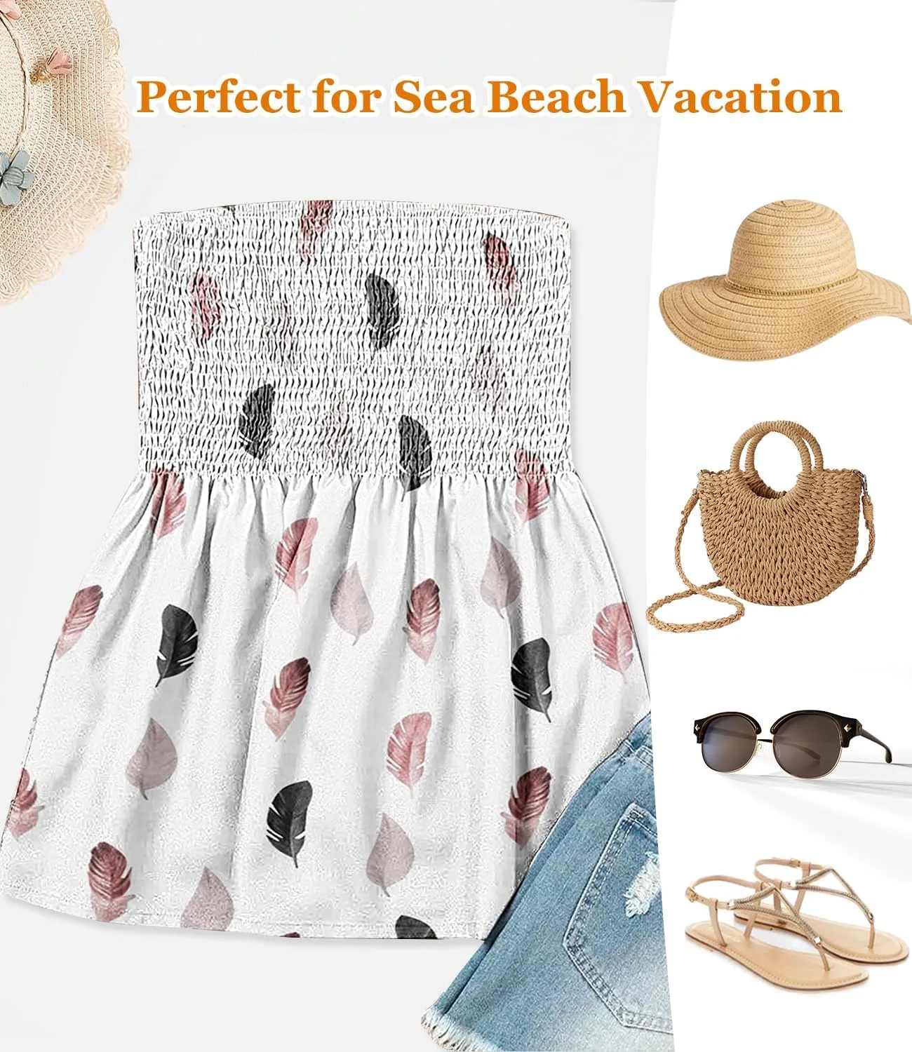 Womens Smocked Strapless Bandeau Tank Tops Floral Tube Tops Backless Bandeau Tunic Tops Sleeveless Shirts