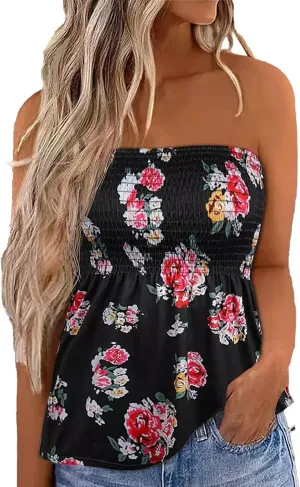 Womens Smocked Strapless Bandeau Tank Tops Floral Tube Tops Backless Bandeau Tunic Tops Sleeveless Shirts