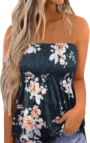Womens Smocked Strapless Bandeau Tank Tops Floral Tube Tops Backless Bandeau Tunic Tops Sleeveless Shirts