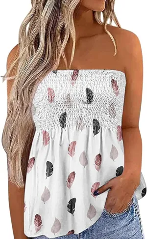 Womens Smocked Strapless Bandeau Tank Tops Floral Tube Tops Backless Bandeau Tunic Tops Sleeveless Shirts