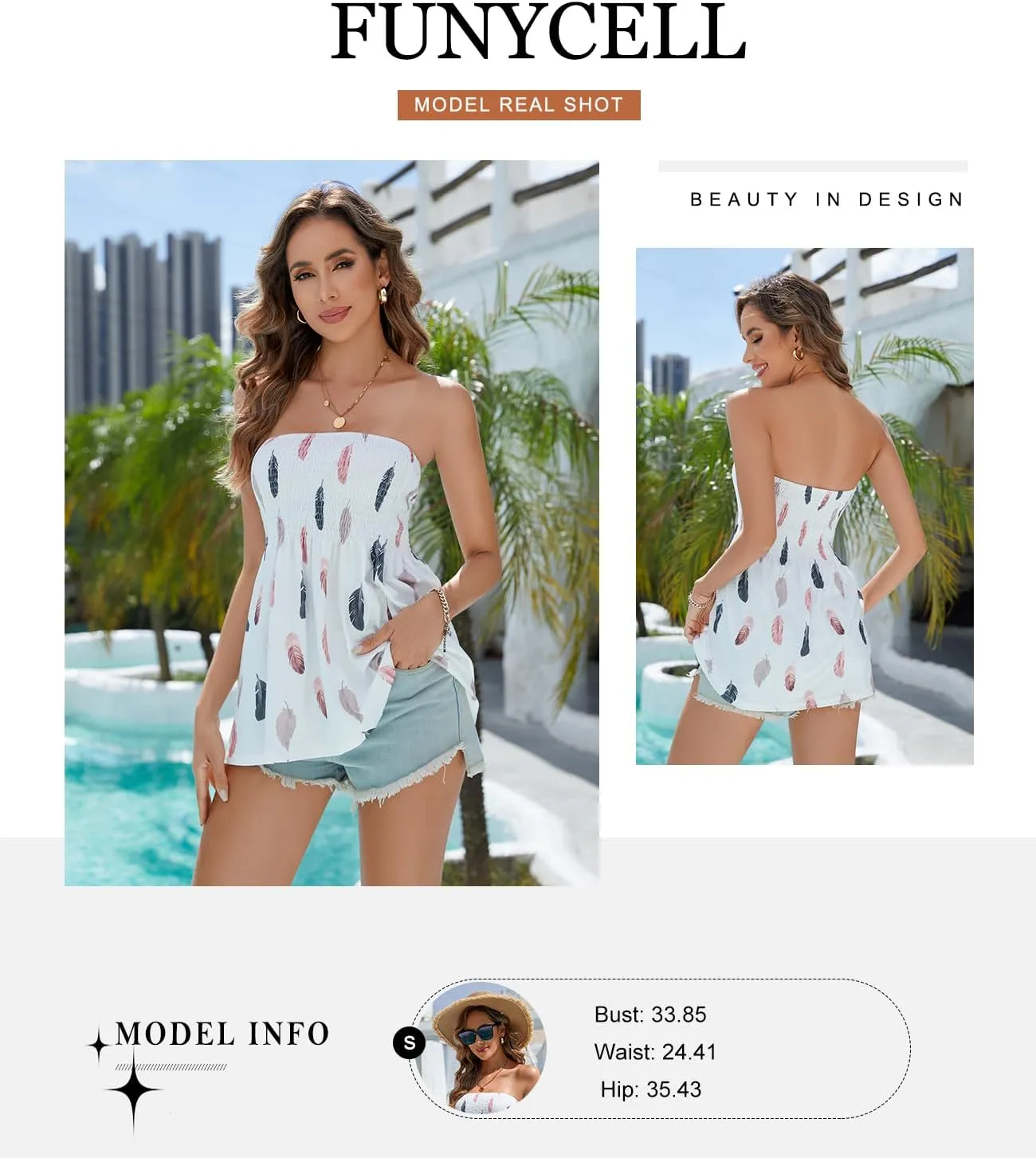 Womens Smocked Strapless Bandeau Tank Tops Floral Tube Tops Backless Bandeau Tunic Tops Sleeveless Shirts