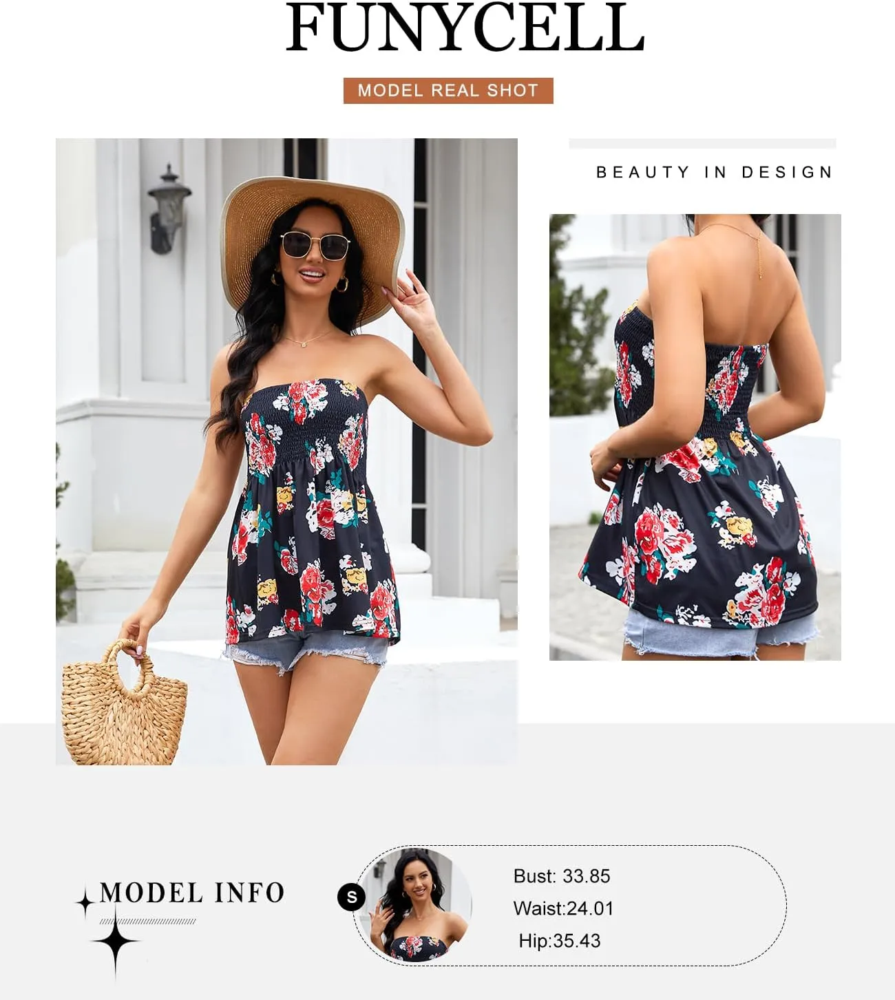 Womens Smocked Strapless Bandeau Tank Tops Floral Tube Tops Backless Bandeau Tunic Tops Sleeveless Shirts
