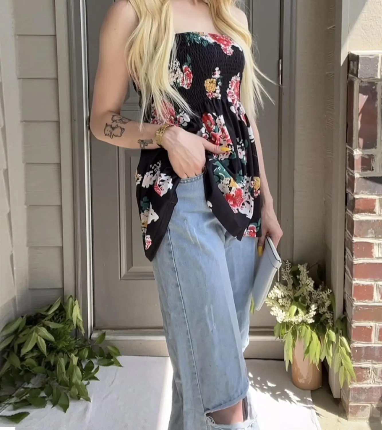 Womens Smocked Strapless Bandeau Tank Tops Floral Tube Tops Backless Bandeau Tunic Tops Sleeveless Shirts
