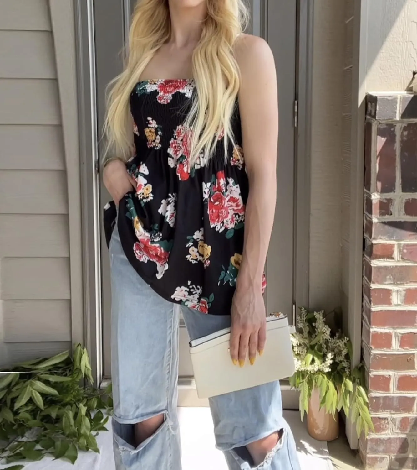 Womens Smocked Strapless Bandeau Tank Tops Floral Tube Tops Backless Bandeau Tunic Tops Sleeveless Shirts