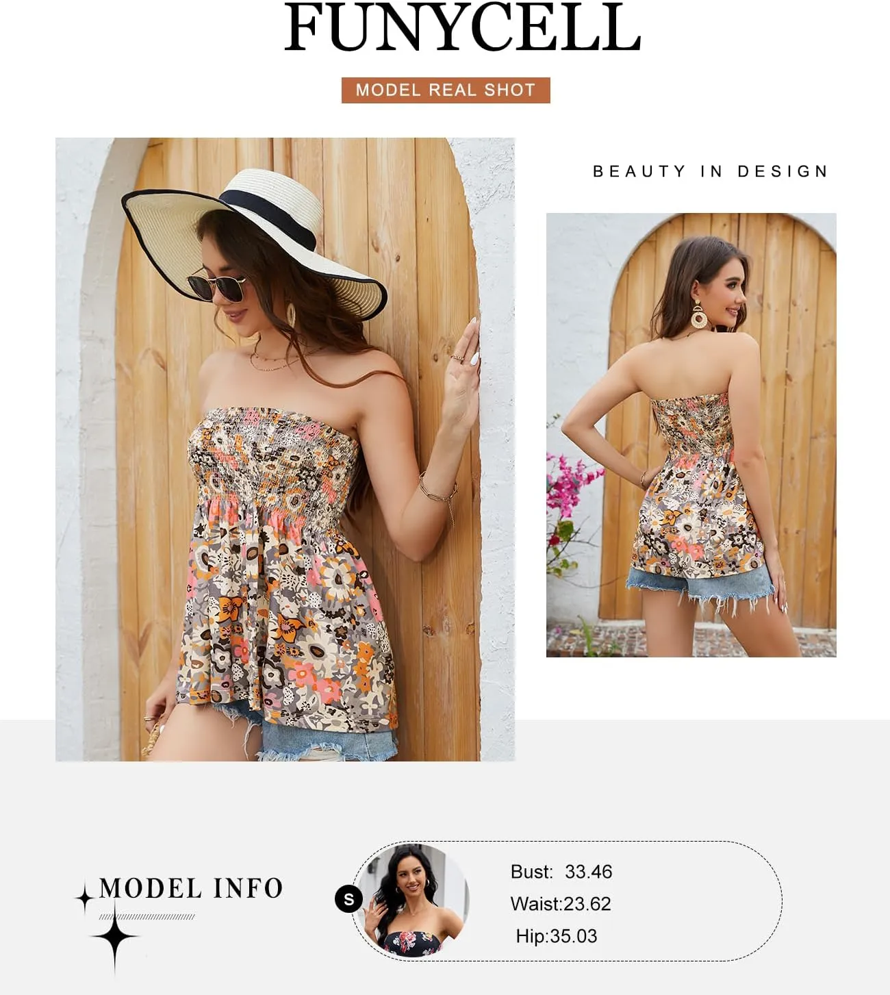 Womens Smocked Strapless Bandeau Tank Tops Floral Tube Tops Backless Bandeau Tunic Tops Sleeveless Shirts