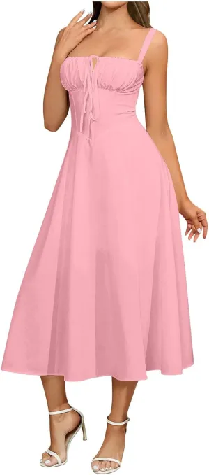Womens Spaghetti Strap Summer Dress Tie Front Midi Dresses Flowy A Line Sundress Casual Beach Vacation Outfits