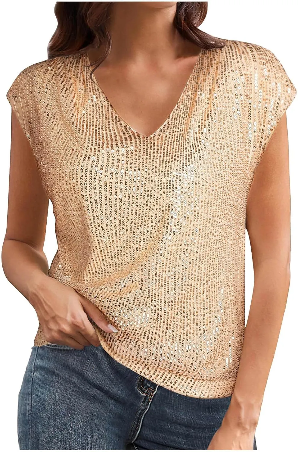 Womens Sparkle Sequin Top - Shimmer Glitter Blouses V Neck Cap Sleeve Club Party Shirts Disco Concert Tanks Tops 2025