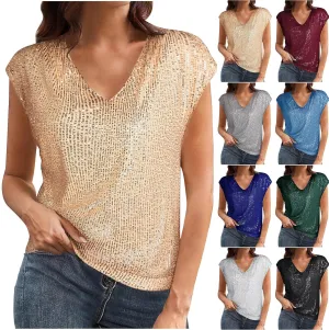 Womens Sparkle Sequin Top - Shimmer Glitter Blouses V Neck Cap Sleeve Club Party Shirts Disco Concert Tanks Tops 2025