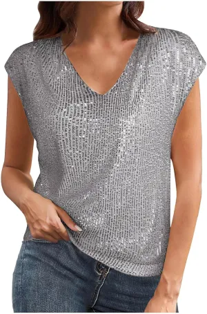 Womens Sparkle Sequin Top - Shimmer Glitter Blouses V Neck Cap Sleeve Club Party Shirts Disco Concert Tanks Tops 2025