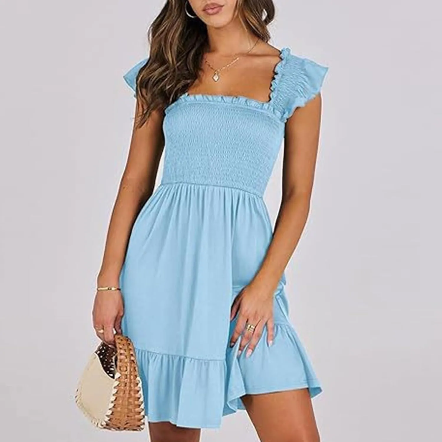 Women's Summer Casual Sleeveless Square Neck Dress 2025 Smocked Ruffle Backless Boho Beach Cute Teen Short Sundress