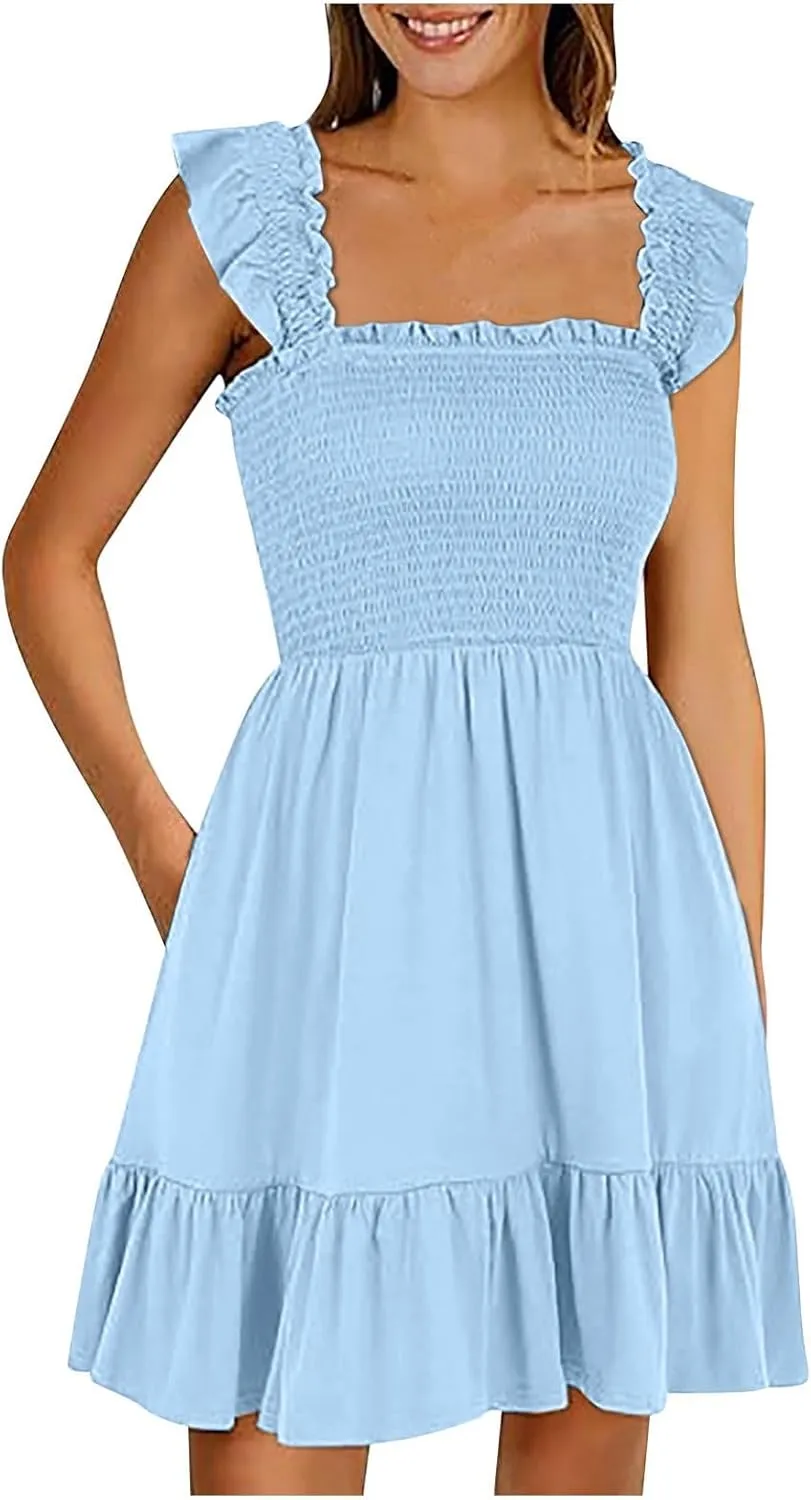 Women's Summer Casual Sleeveless Square Neck Dress 2025 Smocked Ruffle Backless Boho Beach Cute Teen Short Sundress
