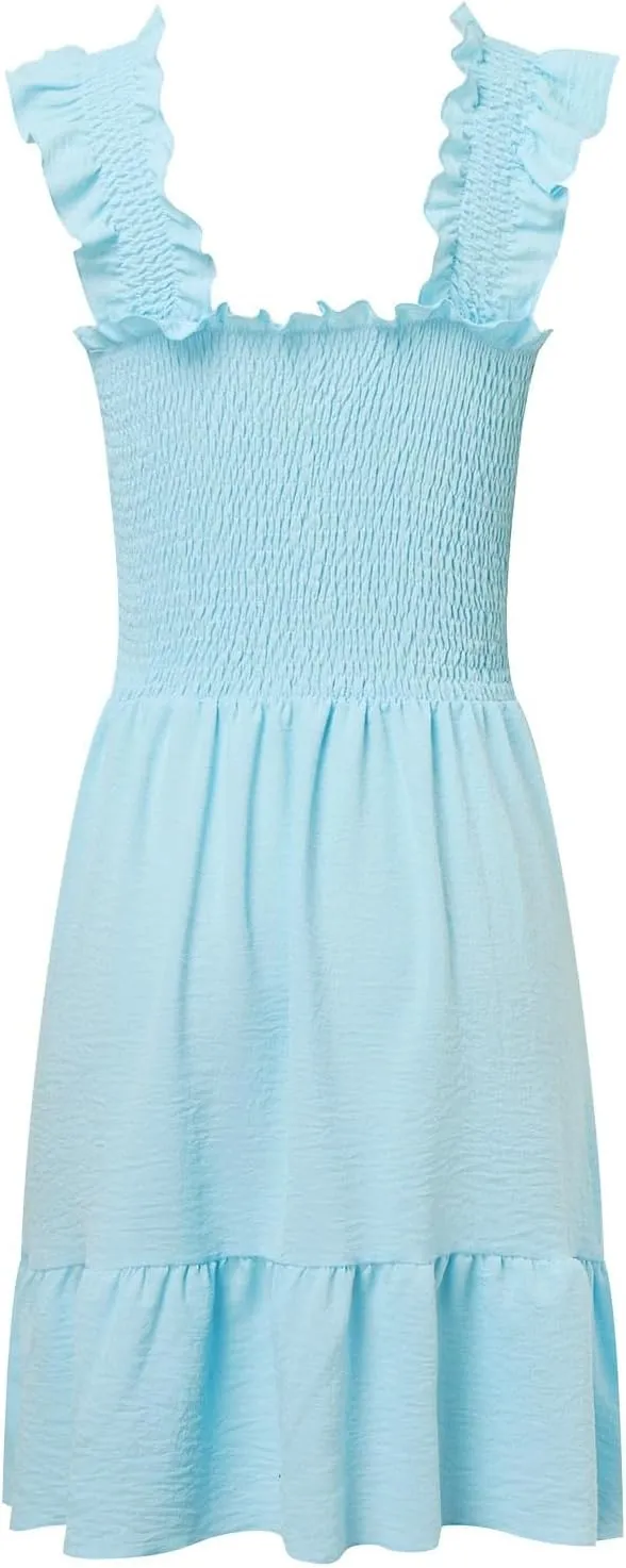 Women's Summer Casual Sleeveless Square Neck Dress 2025 Smocked Ruffle Backless Boho Beach Cute Teen Short Sundress