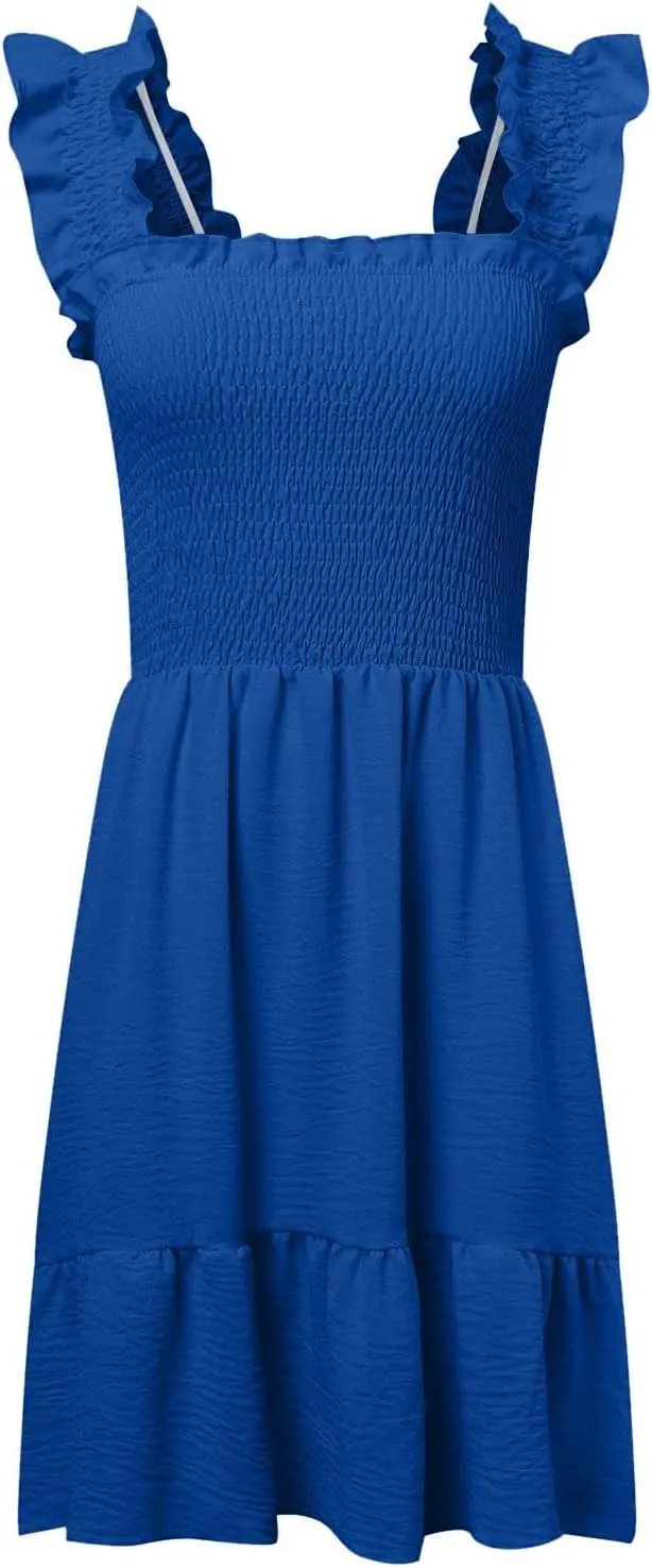 Women's Summer Casual Sleeveless Square Neck Dress 2025 Smocked Ruffle Backless Boho Beach Cute Teen Short Sundress