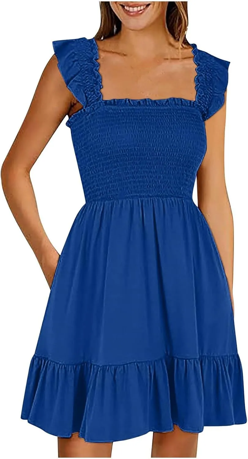 Women's Summer Casual Sleeveless Square Neck Dress 2025 Smocked Ruffle Backless Boho Beach Cute Teen Short Sundress