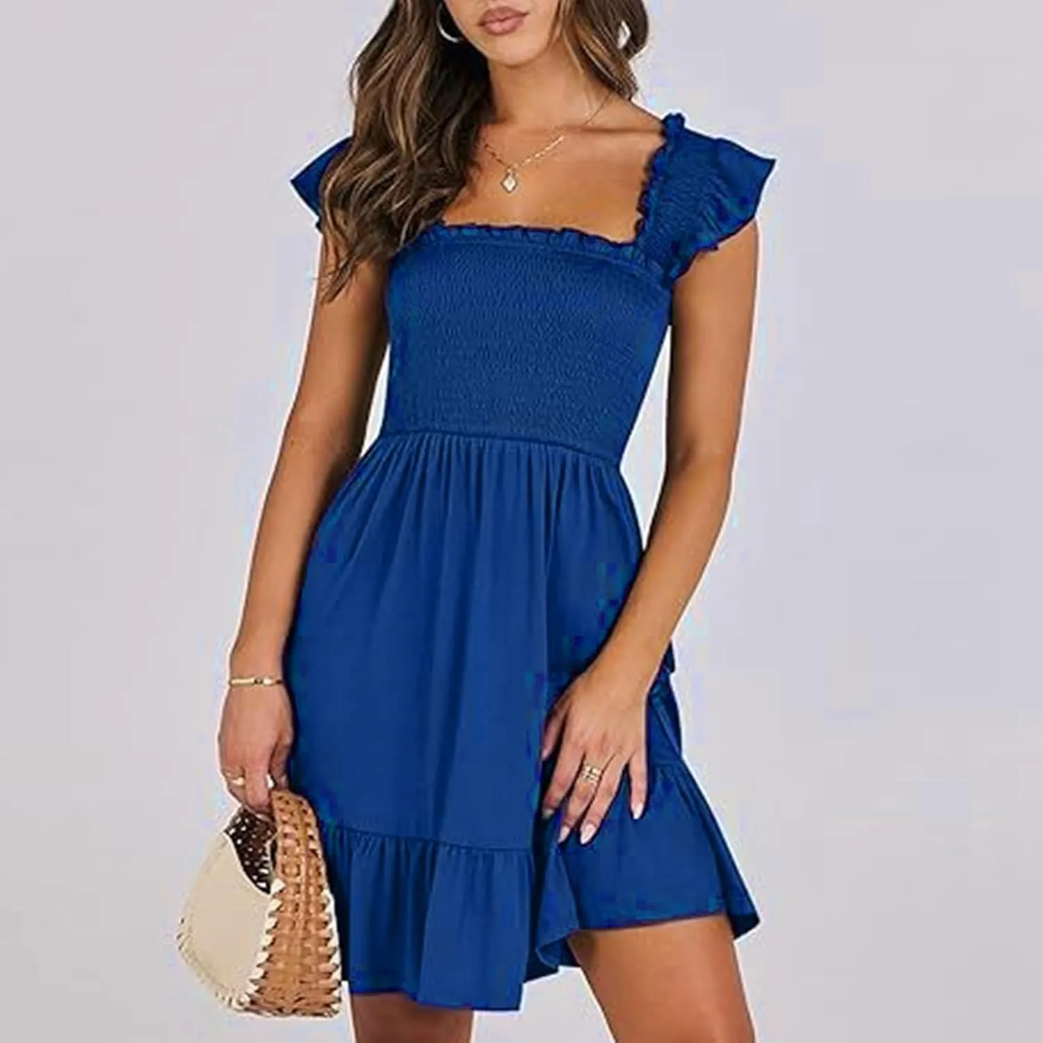 Women's Summer Casual Sleeveless Square Neck Dress 2025 Smocked Ruffle Backless Boho Beach Cute Teen Short Sundress