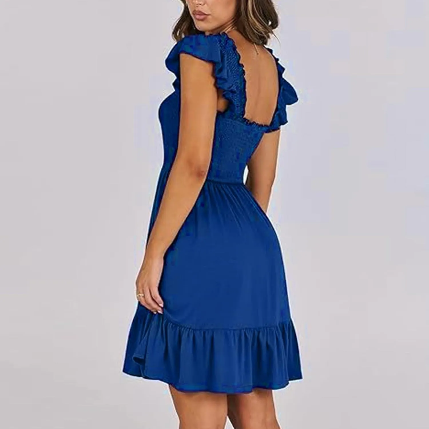 Women's Summer Casual Sleeveless Square Neck Dress 2025 Smocked Ruffle Backless Boho Beach Cute Teen Short Sundress