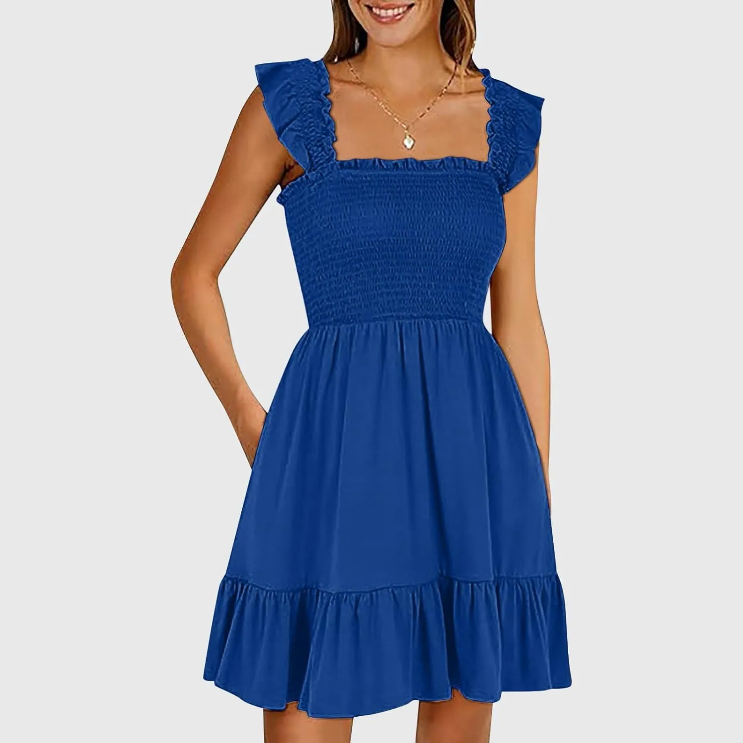 Women's Summer Casual Sleeveless Square Neck Dress 2025 Smocked Ruffle Backless Boho Beach Cute Teen Short Sundress