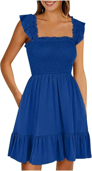 Women's Summer Casual Sleeveless Square Neck Dress 2025 Smocked Ruffle Backless Boho Beach Cute Teen Short Sundress