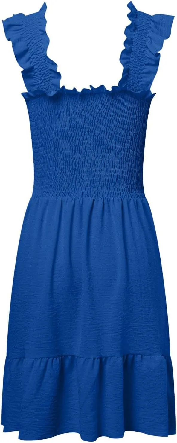 Women's Summer Casual Sleeveless Square Neck Dress 2025 Smocked Ruffle Backless Boho Beach Cute Teen Short Sundress