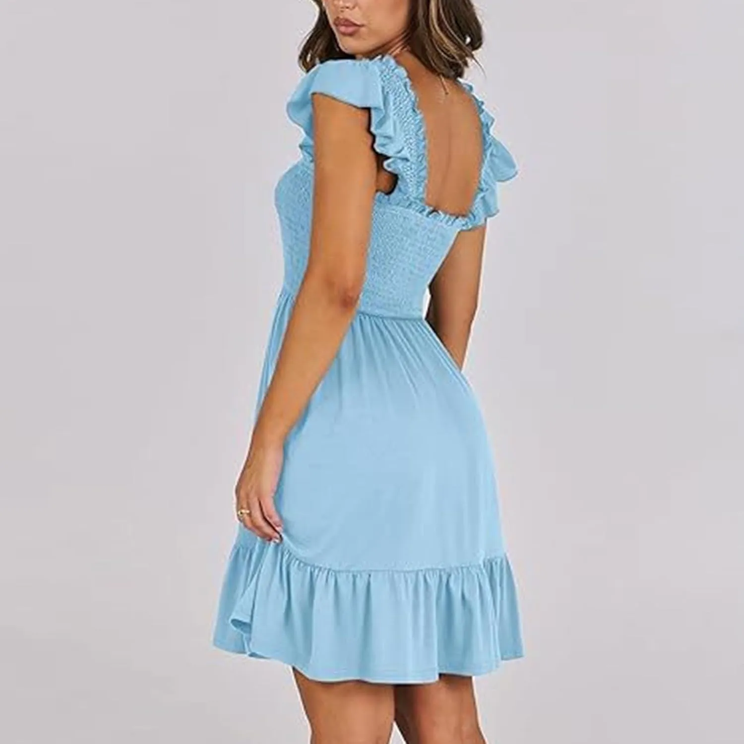 Women's Summer Casual Sleeveless Square Neck Dress 2025 Smocked Ruffle Backless Boho Beach Cute Teen Short Sundress