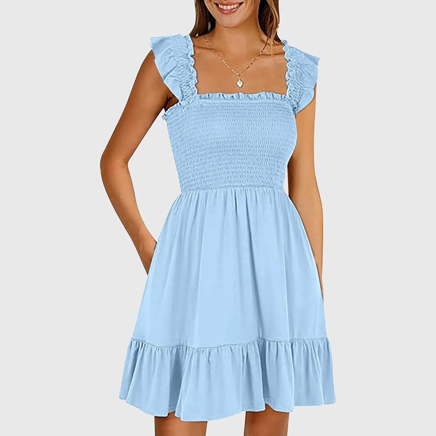 Women's Summer Casual Sleeveless Square Neck Dress 2025 Smocked Ruffle Backless Boho Beach Cute Teen Short Sundress