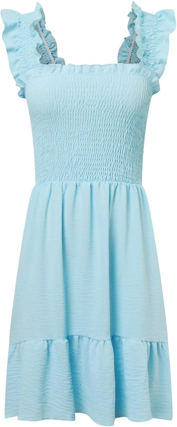 Women's Summer Casual Sleeveless Square Neck Dress 2025 Smocked Ruffle Backless Boho Beach Cute Teen Short Sundress