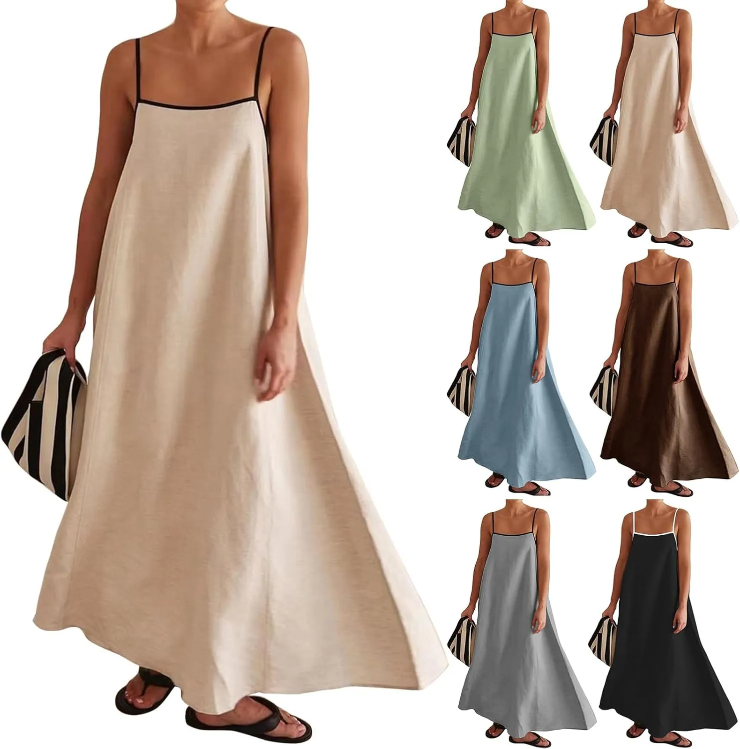 Womens Summer Maxi Dress Contrast Spaghetti Strap Dresses Flowy Sleeveless Backless Sundress Beach Vacation Dresses