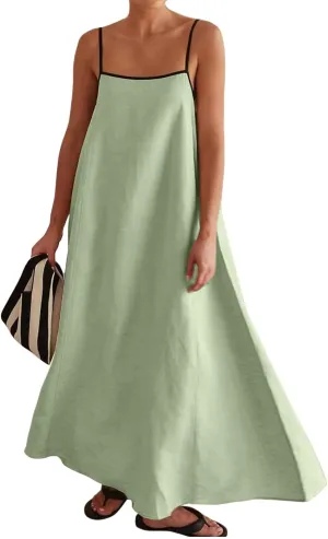 Womens Summer Maxi Dress Contrast Spaghetti Strap Dresses Flowy Sleeveless Backless Sundress Beach Vacation Dresses