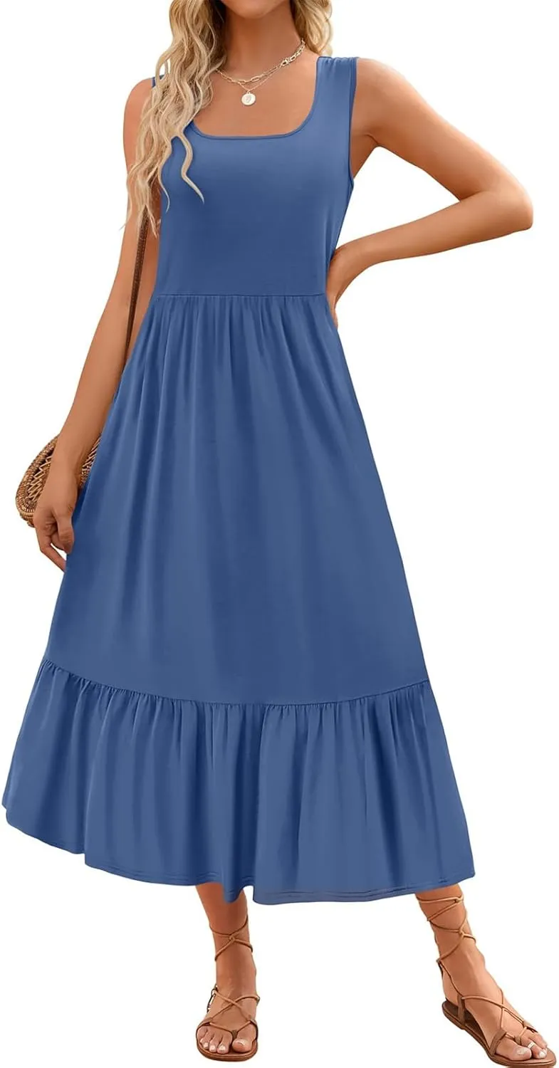 Women's Summer Sleeveless Dress Maxi Beach Vacation Dresses Casual Flowy Tired Sundress Square Neck Tank Top