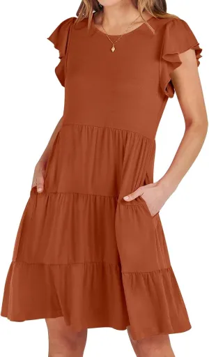 Womens Tiered Summer Dress Short Ruffle Sleeve Dress a Line Mini Sundress Casual Beach Vacation Dresses with Pockets