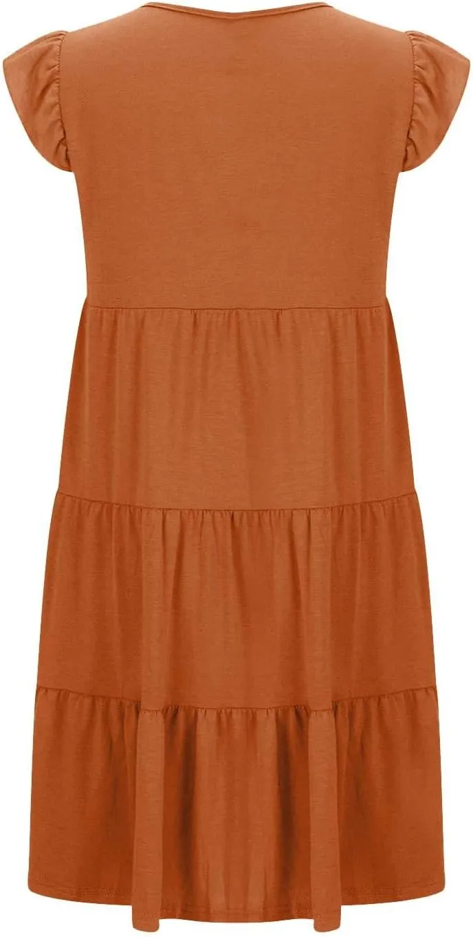 Womens Tiered Summer Dress Short Ruffle Sleeve Dress a Line Mini Sundress Casual Beach Vacation Dresses with Pockets