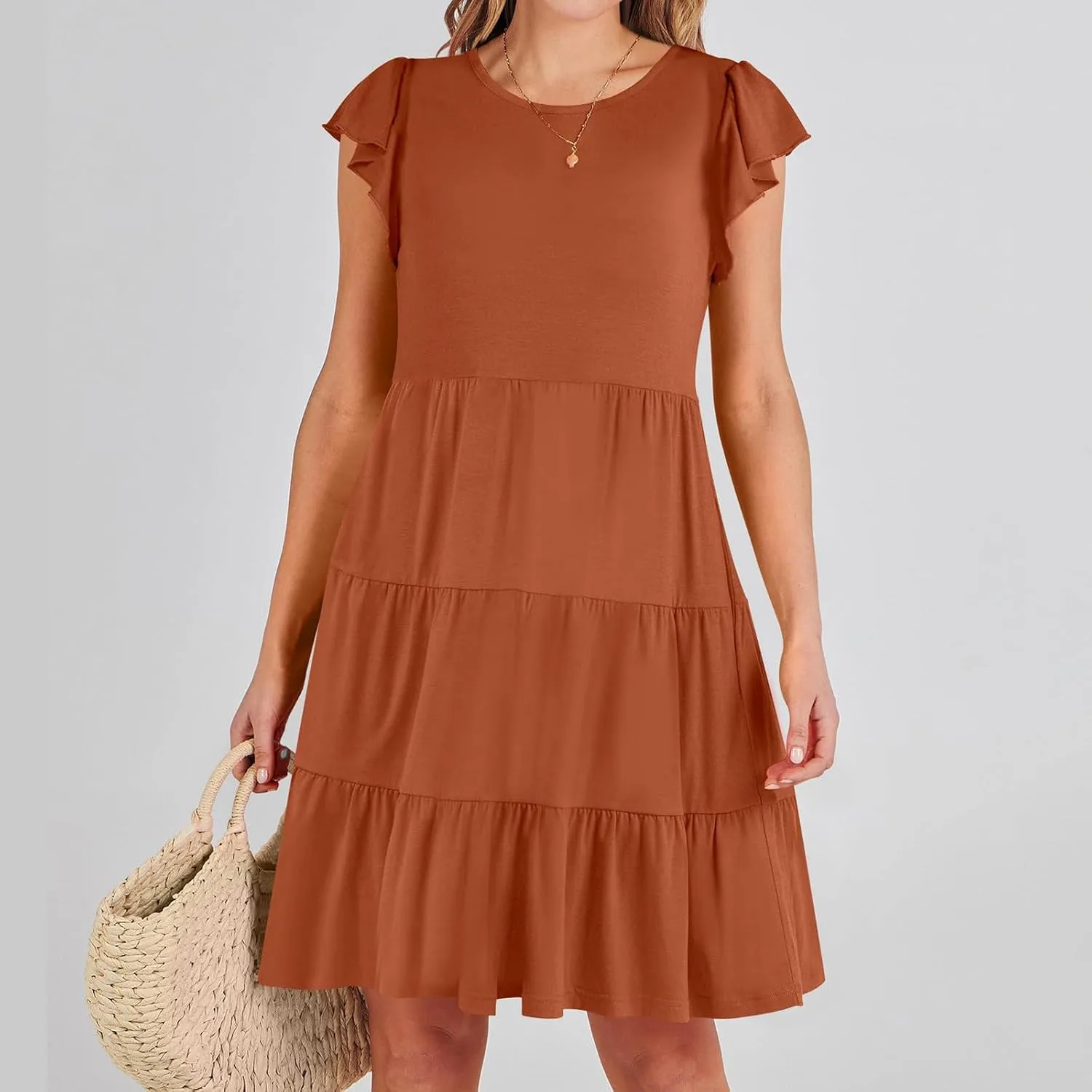 Womens Tiered Summer Dress Short Ruffle Sleeve Dress a Line Mini Sundress Casual Beach Vacation Dresses with Pockets