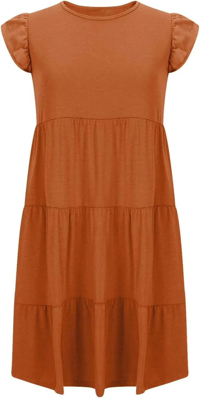 Womens Tiered Summer Dress Short Ruffle Sleeve Dress a Line Mini Sundress Casual Beach Vacation Dresses with Pockets
