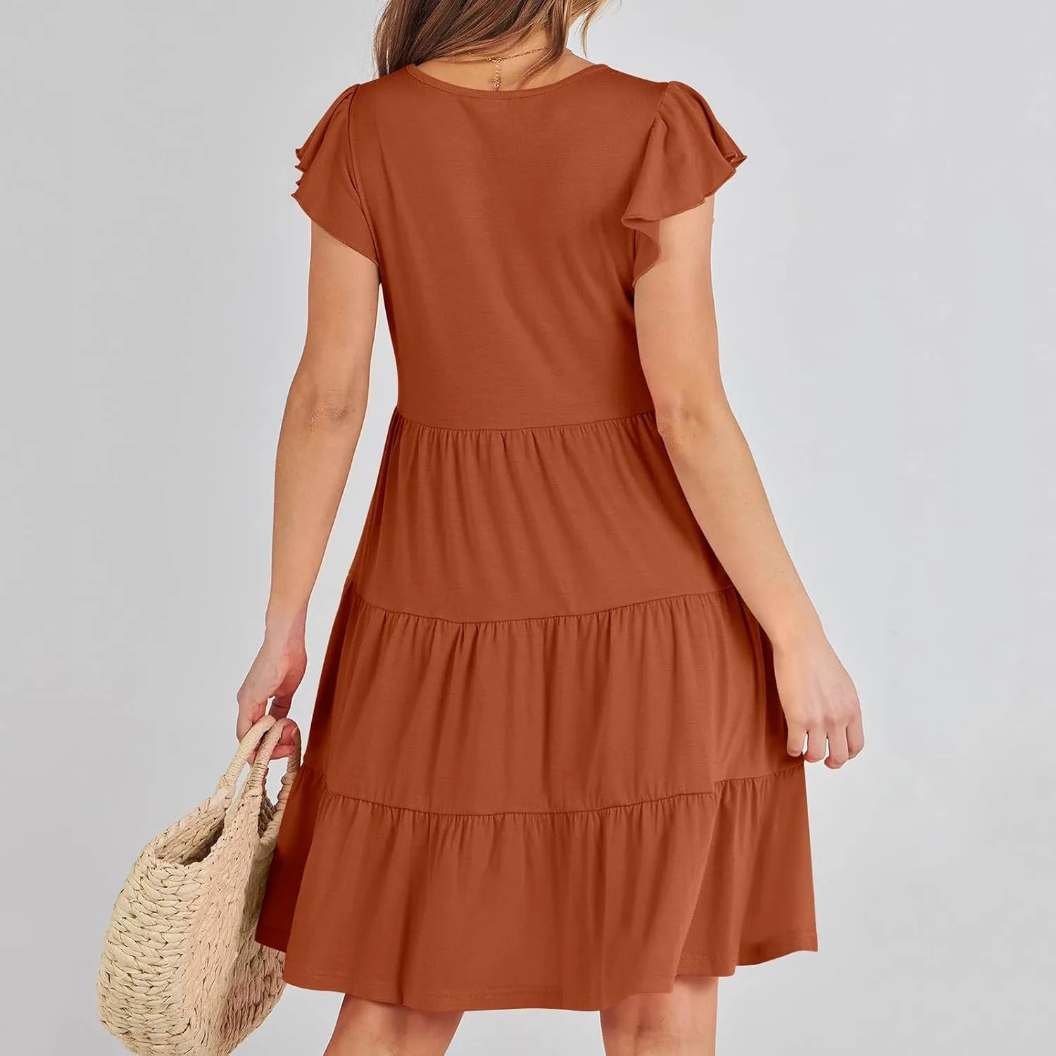 Womens Tiered Summer Dress Short Ruffle Sleeve Dress a Line Mini Sundress Casual Beach Vacation Dresses with Pockets